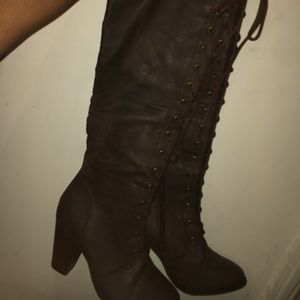 Knee high lace up brown boots